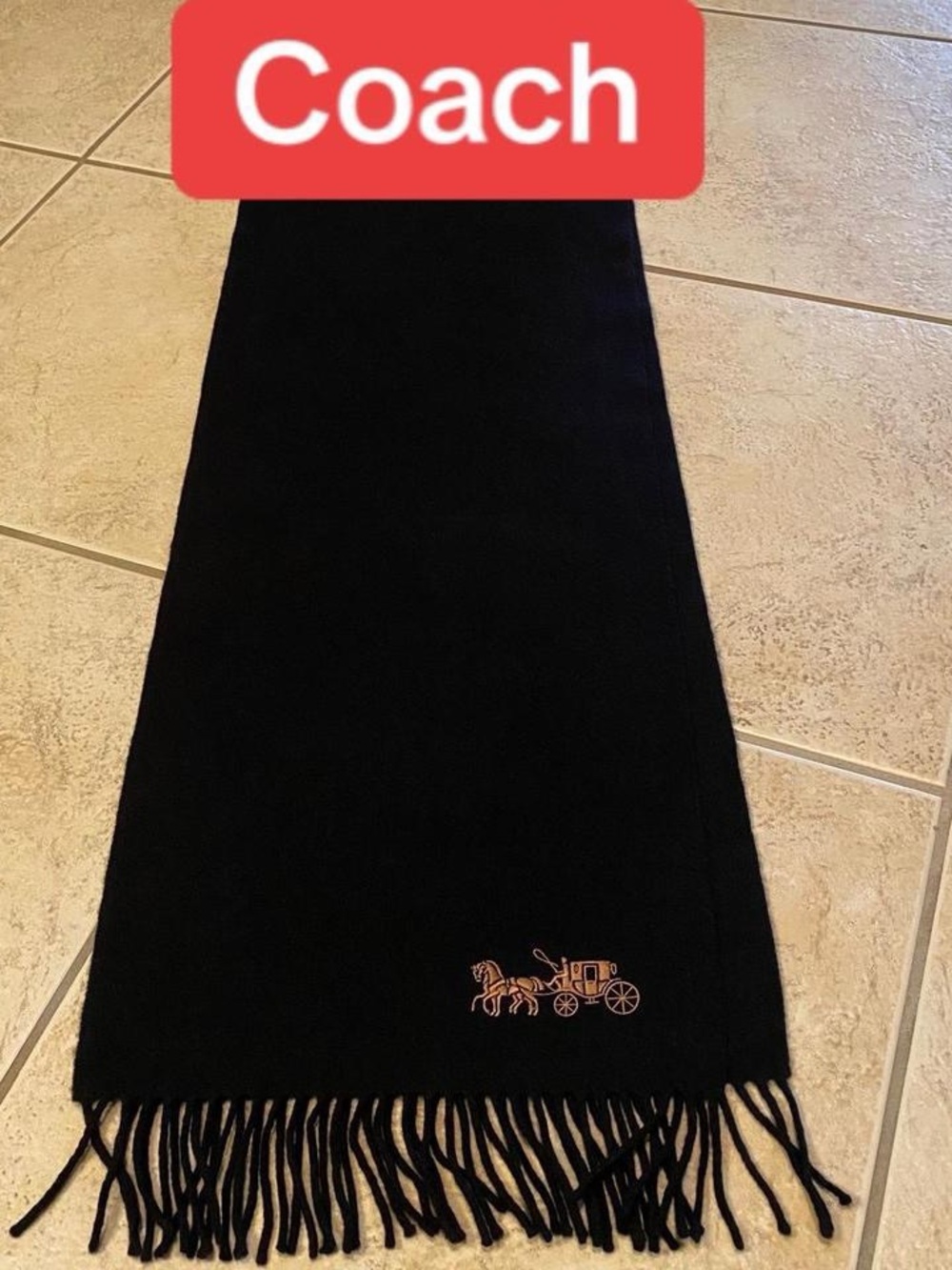 Coach Black Scarf with Gold Carriage Logo and Fringe
